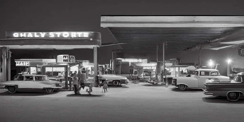 Prompt: detailed sharp photograph in the style of popular science circa 1 9 5 5 and gregory crewdson of a 1 9 5 0 s truck stop at night