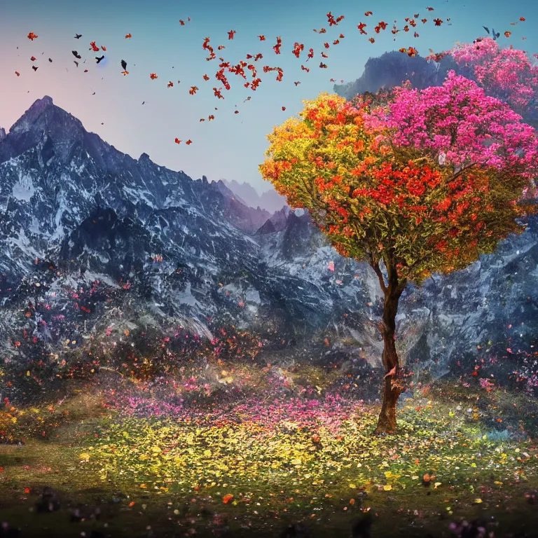 Image similar to a beautiful awesome artistic tree with falling flowers like leaves and many birds, all in the amazing outdoors view, mountain in the background, lake, long exposure, 8 k resolution, trending on artstation