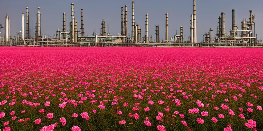 Prompt: a beautiful big field of rosses with in the background industry buildings with dirty smoke oil refinery, f / 2. 8, global illumination, by zeng fanzhi