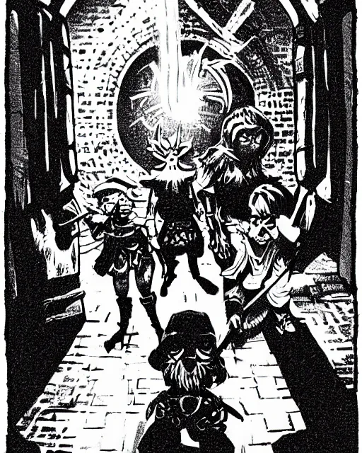 Image similar to four adventurers in a dungeon, hiding from a beholder. black and white, retro fantasy illustration