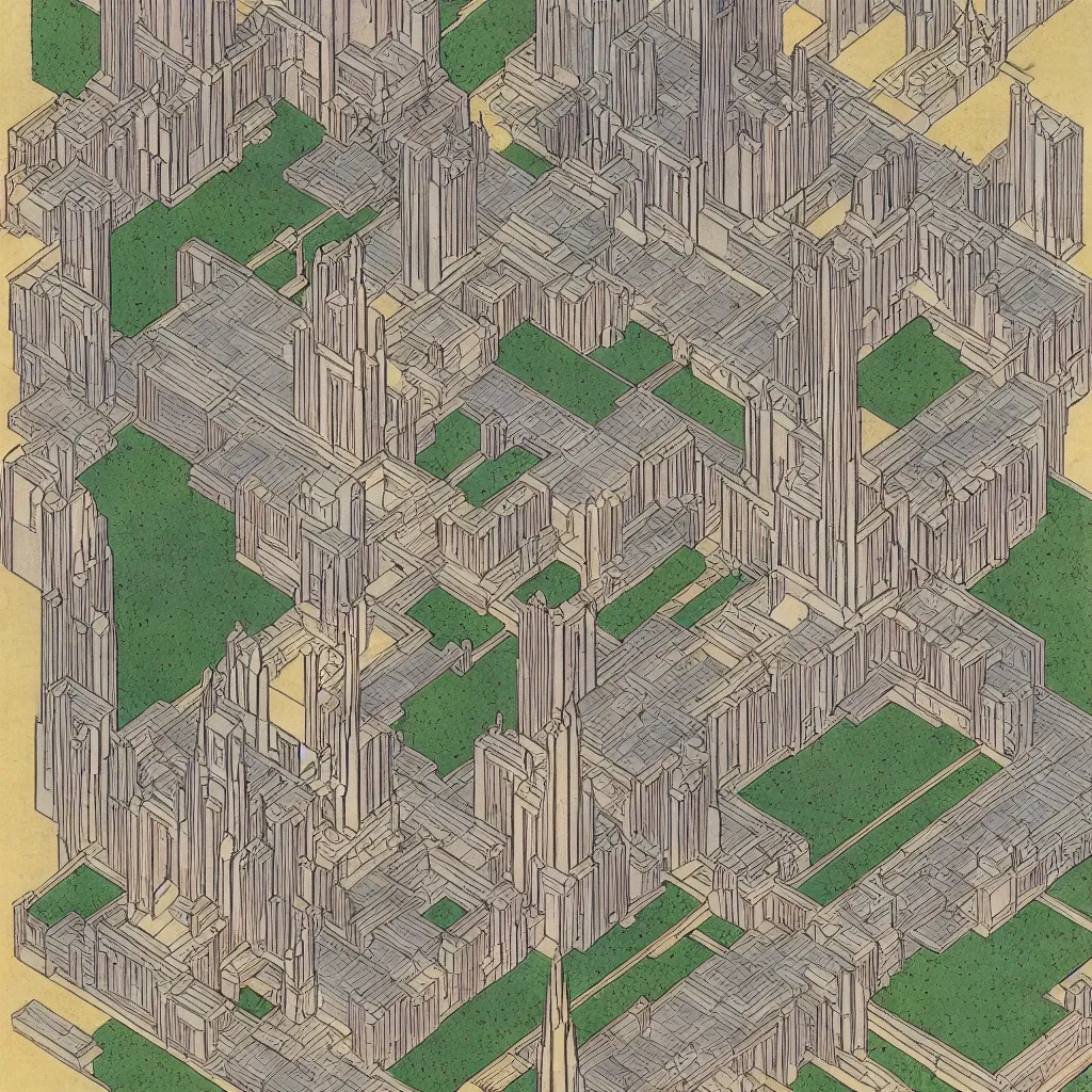 Prompt: isometric artdeco cathedral by frank lloyd wright, isometric, painted by piet mondrian in isometric from above