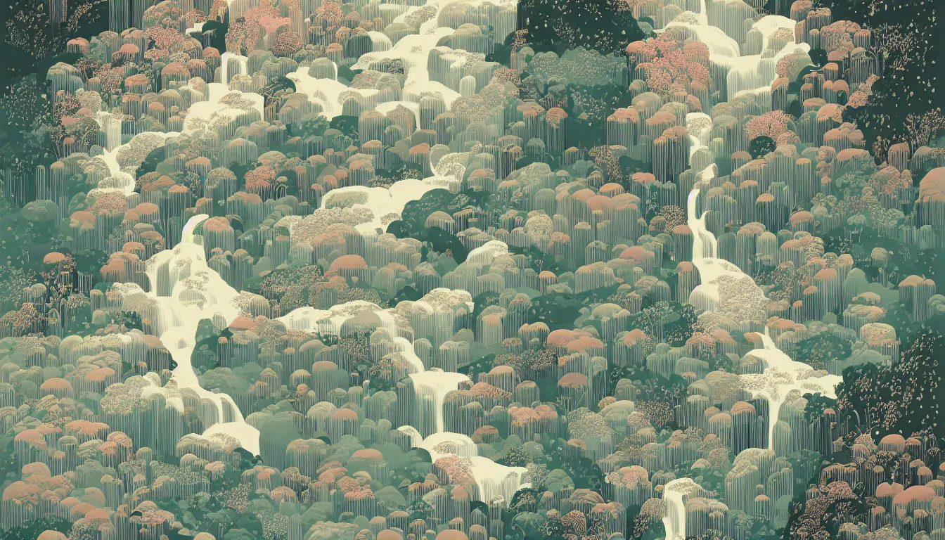 Image similar to waterfall by Victo Ngai, minimalist, detailed
