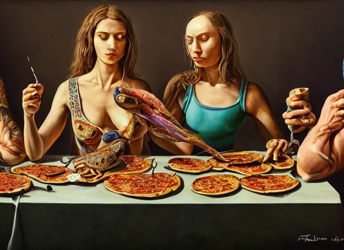 Prompt: hyper realistic detailed painting of a heavy tattooed frog couple in baroque clothes in mid 70s italian restaurant eating pepperoni pizza with roasted rainbow and drinking black sparkling milk by Andrei Tarkovsky, Adrian Ghenie, Storm Thorgerson, and Beeple, semi naive, rich deep colors, cinematic, last supper composition. Beksinski painting, part by Adrian Ghenie and Greg Hildebrandt. art by Neo Rauch. masterpiece