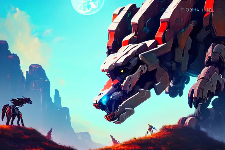 Image similar to wolf - mecha machine mecanical creature robot of horizon forbidden west horizon zero dawn radiating a glowing aura global illumination ray tracing hdr fanart arstation by ian pesty and alena aenami artworks in 4 k