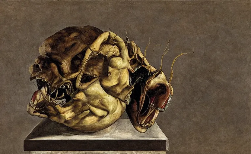 Prompt: a teratoma full of crooked teeth on a plinth in the middle of an empty slaughter room realizing that it is an entity with a conscience that will suffer to die painted by giorgio de chirico and lucian freud