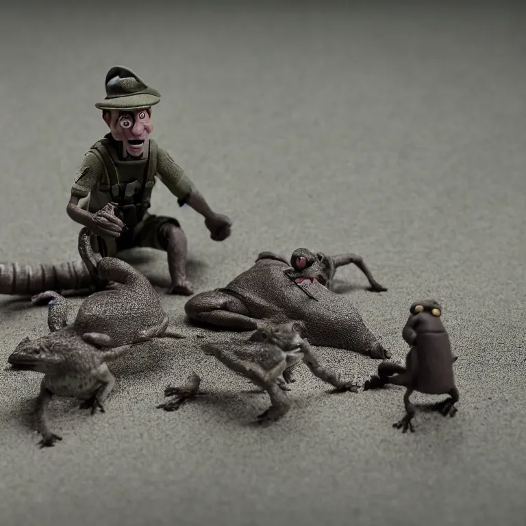 Image similar to a cinematic film still of a claymation stop motion film starring steve irwin, shallow depth of field, 8 0 mm, f 1. 8