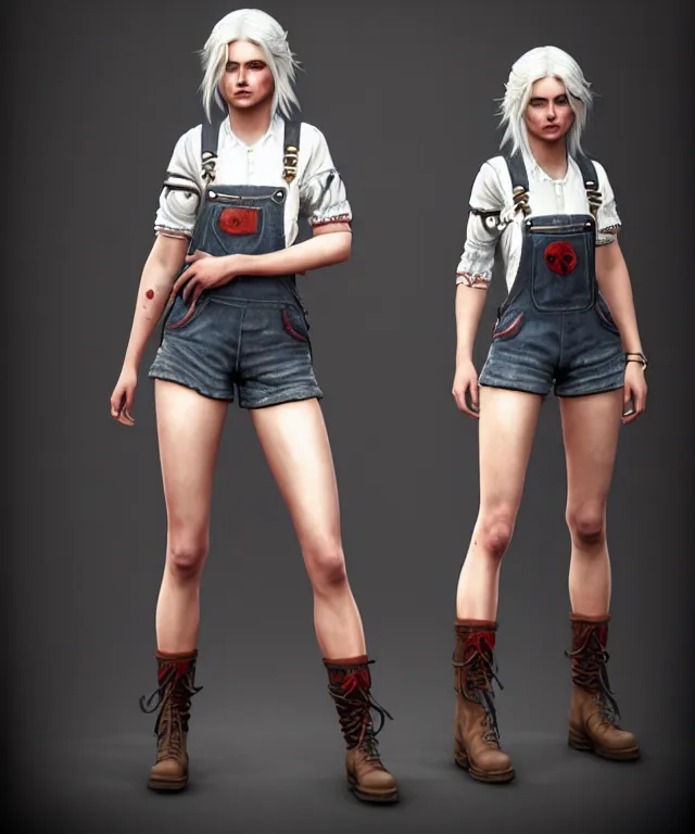 Prompt: full body pose, ciri, torn overalls, short shorts, combat boots, beautiful, highly detailed face!, extremely detailed!, digital painting, unreal engine 5, art by tom bagshaw