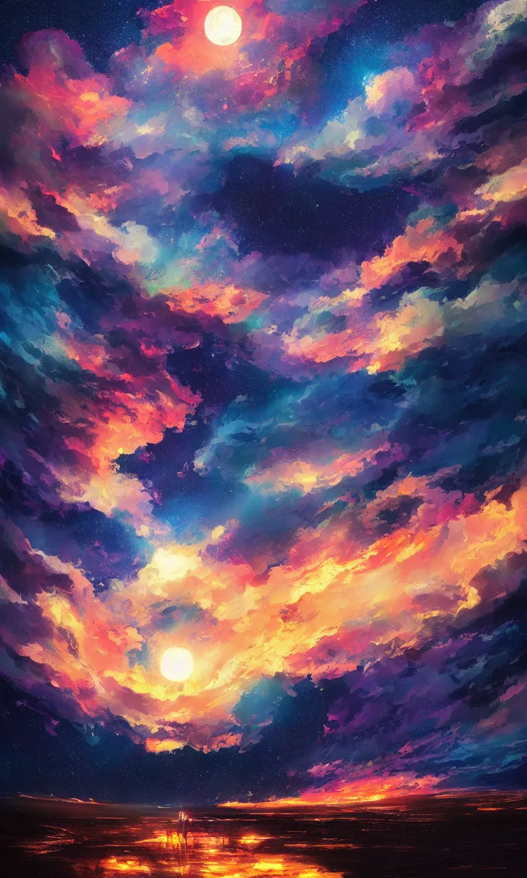 Image similar to a beautiful painting of fire sea, starry sky, moon, cloud, by liam wong and yuumei and yanjun chen, trending on artstation