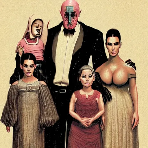 Image similar to Family portrait of Kim Kardashian and her husband pinhead from 'Hellraiser!'. with their 3 children. illustration, highly detailed by Greg Rutkowski