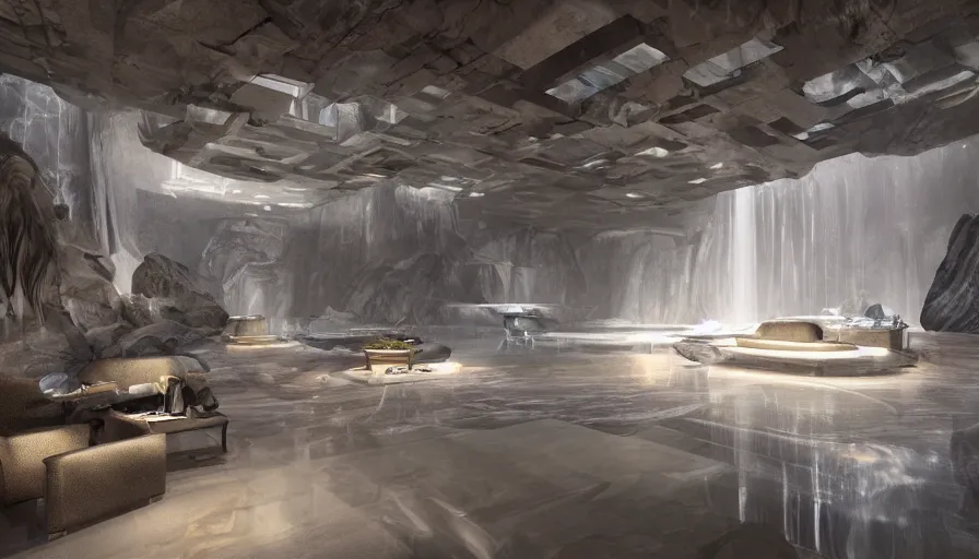 Image similar to a futuristic apartment interior in the style of a waterfall cave, tiger skin carpet, Greek marble statue, high ceiling, dark moody lighting, foggy atmosphere, 16mm lens, by Craig Mullins and frank lloyd wright, octane rendering