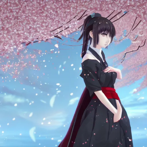 Image similar to portrait of the lone girl in a blizzard of cherry blossom petals, anime fantasy illustration by tomoyuki yamasaki, kyoto studio, madhouse, ufotable, trending on artstation