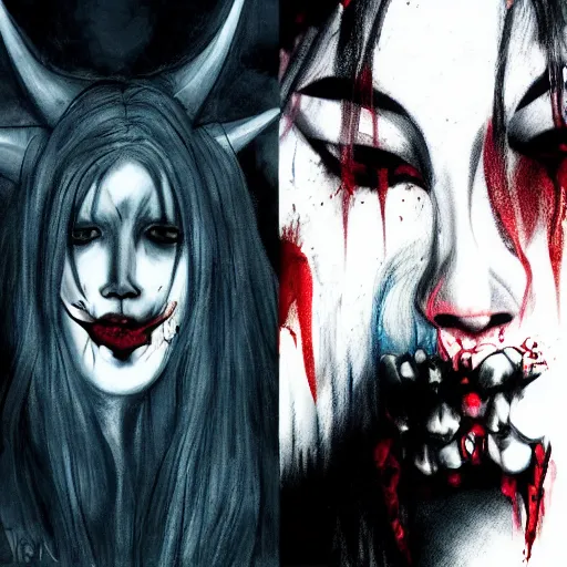 Image similar to demon girl with a white face and extrem gloomy face in hell, dark concept horro art by aleksandra waliszews and aoi ogata