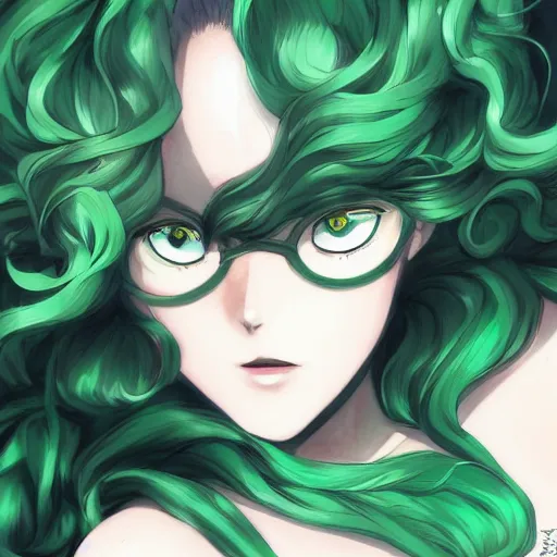 Image similar to tatsumaki from one punch man, green wavy hair, black dress, fine details, sharp focus, intricate, by cushart krenz, by makoto shinkai, by wlop, by artgerm