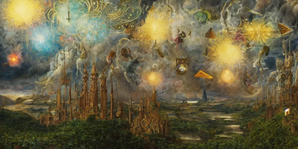 Image similar to a beautiful and highly detailed matte painting of magical tarot cards floating in the midst of magical explosions, intricate details, epic scale, insanely complex, 8 k, sharp focus, hyperrealism, very realistic, by caspar friedrich, albert bierstadt, james gurney, brian froud,