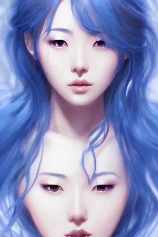 Image similar to a very beautiful japanese woman, erika ikuta, blue hair, fantasy, portrait, sharp focus, intricate, elegant, digital painting, artstation, matte, highly detailed, concept art, illustration, ambient lighting, artgerm