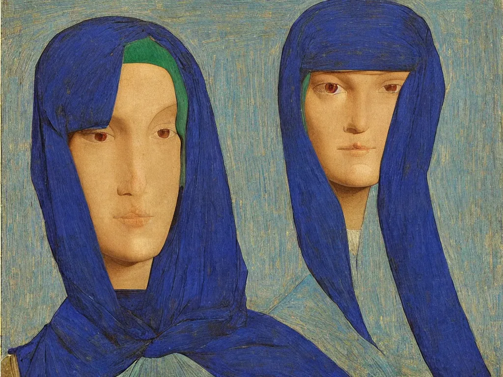 Prompt: portrait of a woman head with niqab. lapis - lazuli, turquoise, malachite, cinnabar, earth brown. painting by piero della francesca, balthus, agnes pelton