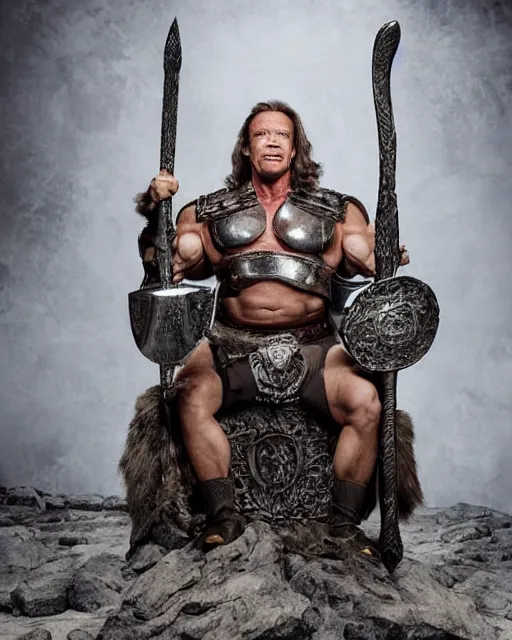 Prompt: arnold schwarzenegger as king conan, directed by john millius, photorealistic, sitting on a metal throne, wearing ancient cimmerian armor, a battle axe to his side, cinematic photoshoot in the style of annie leibovitz, studio lighting