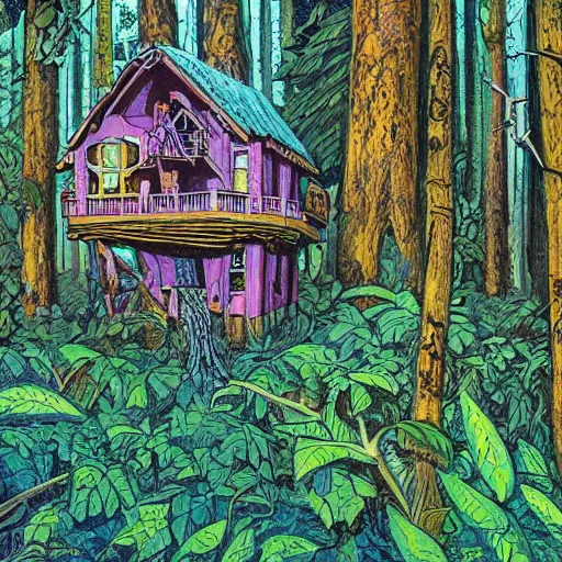 Prompt: sticker of a home in the forest, highly detailed, trippy colors, exaggerated detail,