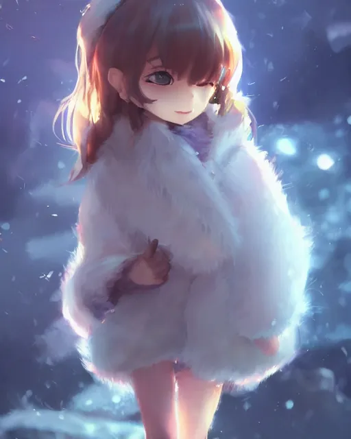 Prompt: an adorable chibi girl wearing a fluffy monster coat, full shot, atmospheric lighting, detailed face, by makoto shinkai, stanley artgerm lau, wlop, rossdraws