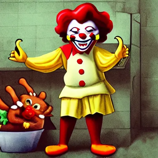 Prompt: sinister clown Ronald McDonald crushing rats into nuggets