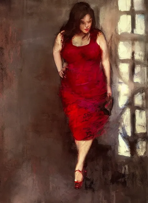 Image similar to beautiful plus size girl, red dress, painting by jeremy mann