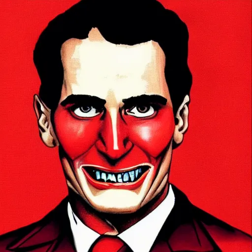 Image similar to patrick bateman ink red backdrop, sharp teeth, exposed skull :: graphic imagery