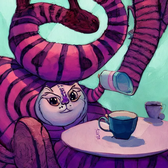 Image similar to cheshire cat drinking tea, by cory loftis, character art, art, very coherent, plain background, lighthearted, soft painting