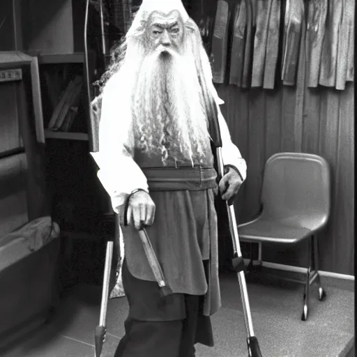 Prompt: Gandalf working as a school janitor circa 1985