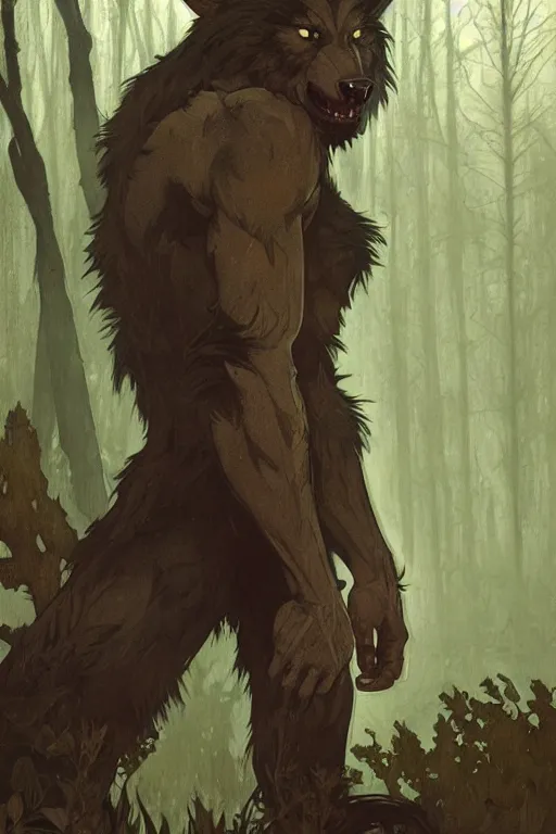 Image similar to fullbody portrait of a werewolf, bared teeth, long claws, by greg rutkowski and alphonse mucha, gradient brown to silver, in front of a forest at night background, highly detailed portrait, digital painting, artstation, concept art, smooth, sharp focus illustration