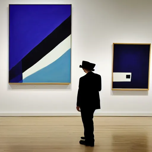 Image similar to in an art gallery, there is a huge painting of carmen herrera blue with white line. a man in a top hat and a suit is admiring the painting. cgsociety, surrealism, surrealist, dystopian art, purple color scheme