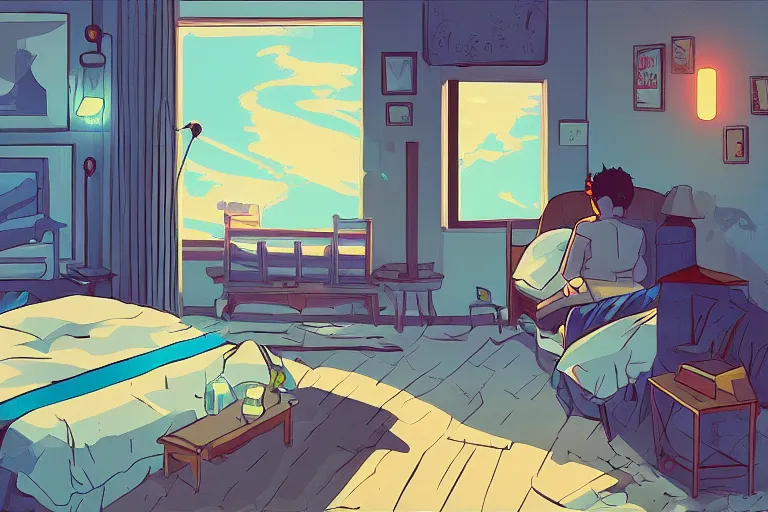 Prompt: thunderstorm bedroom, retro illustration in the style of makoto shinkai and leiji matsumoto