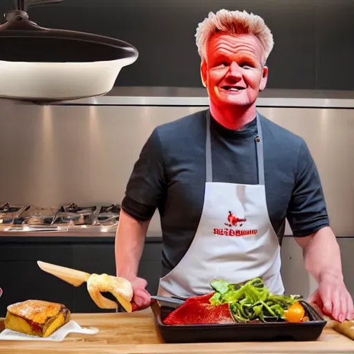 Image similar to hyper real Gordon Ramsey cooking a unicorn in kitchen 4k