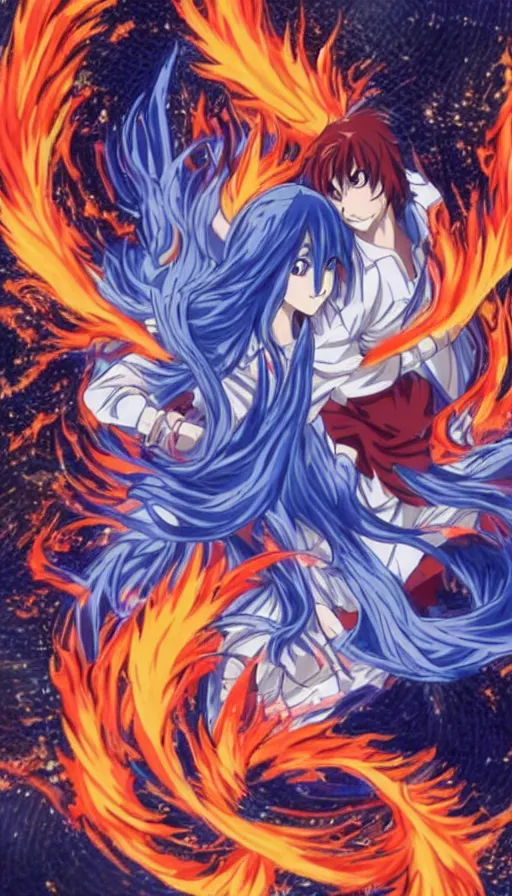 Image similar to a high quality anime still of fire and water mixing together, conveying a sense of balance inspired by the Temperance tarot card,