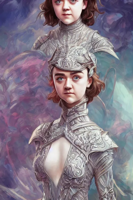 Image similar to Maisie Williams cute, fantasy, intricate, elegant, highly detailed, digital painting, 4k, HDR, concept art, smooth, sharp focus, illustration, art by artgerm and H R Giger and alphonse mucha