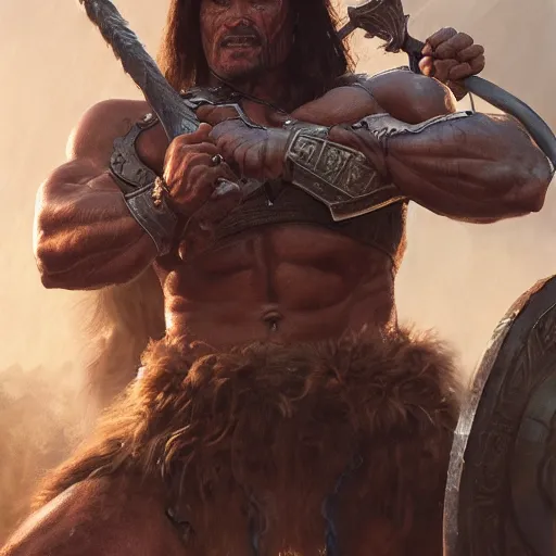 Image similar to Conan the Barbarian played by Arnold Schwarzenegger, 4k oil on linen by wlop, artgerm, andrei riabovitchev, nuri iyem, james gurney, james jean, greg rutkowski, highly detailed, soft lighting 8k resolution