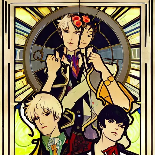 Image similar to persona 4 investigation team by alphonse mucha