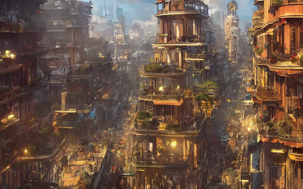Prompt: a beautiful digital matte painting of futuristic steampunk french quarter, new orleans, by eddie mendoza and david lozeau and franklin booth and laurie greasley, detailed, artstation, plants on balconies, musicians, smooth, 8 k