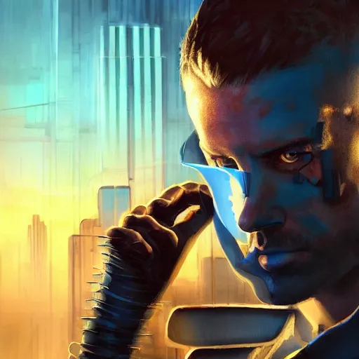 Prompt: cyberpunk, armitage, closeup portrait of a crazy ex soldier with a battlescar, light blue eyes, brown buzzcut, dramatic light, city background, sunset, dystopian setting, high contrast, sharp, neuromancer, painted by stanley lau, painted by greg rutkowski, painted by stanley artgerm, digital art, trending on artstation