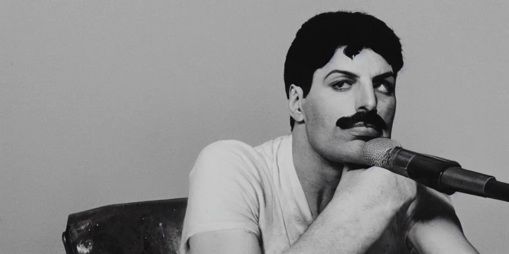 Image similar to freddie mercury sits in a russian prison, black and white photo, realism, 3 5 mm, good lighting