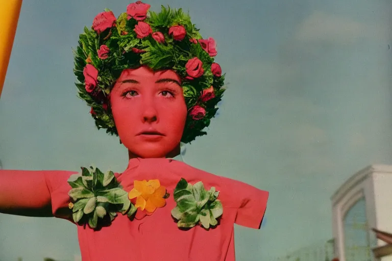 Image similar to giant flower head, girl standing, 1 9 6 0 s hotel, surreal photography, centered frontal, symmetry, mid century, bright colours, wes anderson