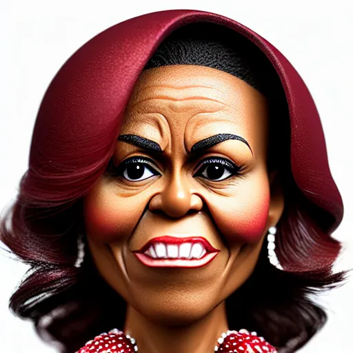 Image similar to cartoon fruit figurine that looks just like michelle obama as a pomegranate, 8 k, fruit eyes, fruit world, beautiful intricate painting, hyper realistic, studio lighting, octane render