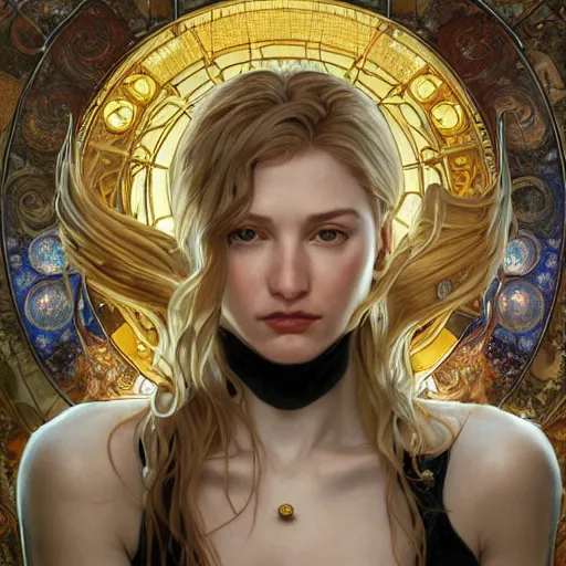 Image similar to Portrait of Samus Aran drawn by Donato Giancola and Tom Bagshaw, face by Artgerm, overall design by Alphonse Mucha, background by James Jean and Gustav Klimt, light by Julie Bell, 4k, golden accents, porcelain skin, komorebi, french nouveau, trending on artstation, octane render, hyperrealistic