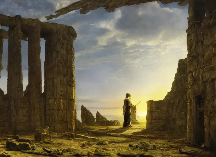 Prompt: a land of ruins of lost civilization with a fort in the middle, pure gold pillars, water tunnels below and a magical time gate to another dimension, a wounded man wearing a white robe standing watching over, dramatic lighting, dawn, by caspar david friedrich, concept art