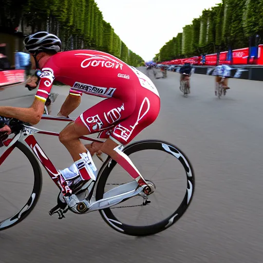 Image similar to modern road bicycle made from bacon, ridden at the champs elysees at the tour de france, high detail sports photography