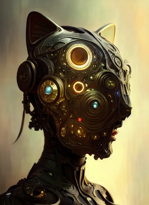 Image similar to organic cyborg, cat mask opening, diffuse lighting, fantasy, intricate, elegant, highly detailed, lifelike, photorealistic, digital painting, artstation, illustration, concept art, smooth, sharp focus, art by John Collier and Albert Aublet and Krenz Cushart and Artem Demura and Alphonse Mucha