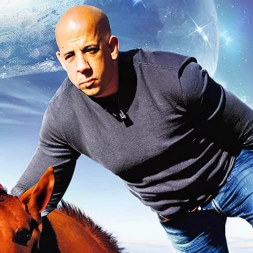 Prompt: Vin Diesel riding a horse in space