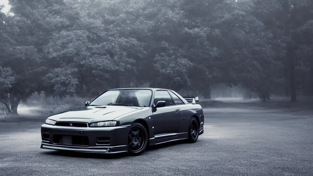 Prompt: a 1 9 9 4 black nissan skyline gt - r v - spec ii, cinematic, nikon d 7 5 0, long exposure, white balance, 8 k, led, lumen global illumination, fog, ray tracing reflections, fxaa, rtx, post - production