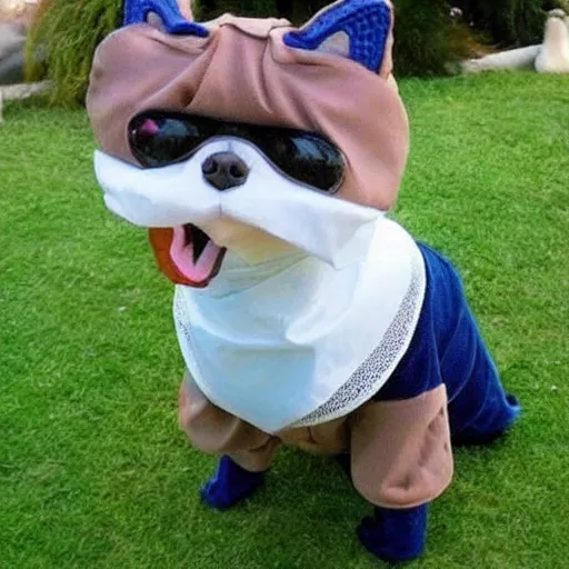 Image similar to a dog dressed like a cat