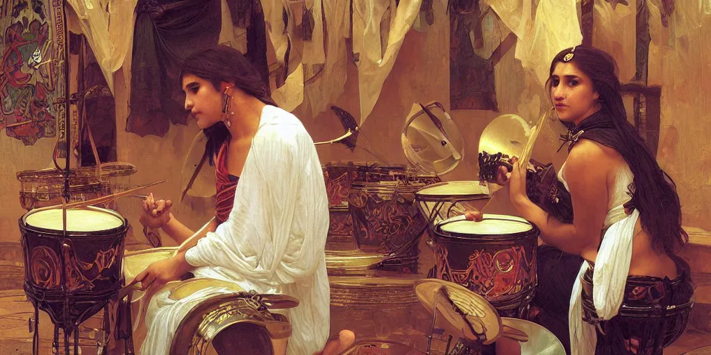 Image similar to a middle eastern drummer playing a drumset, the cymbals are replaced by dishes, elegant, highly detailed, digital painting, artstation, concept art, smooth, sharp focus, illustration, art by artgerm and greg rutkowski and alphonse mucha and william - adolphe bouguereau