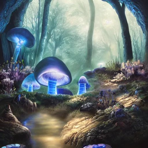 Prompt: a beautiful, mystical cave with glowing blue mushrooms, a stream of water reflecting light, dark rocks, shadows, atmospheric, butterflies, misty, masterpiece, very detailed, cold blue light, trending on artstation, hyperrealistic, painted by Jessiah Thomason